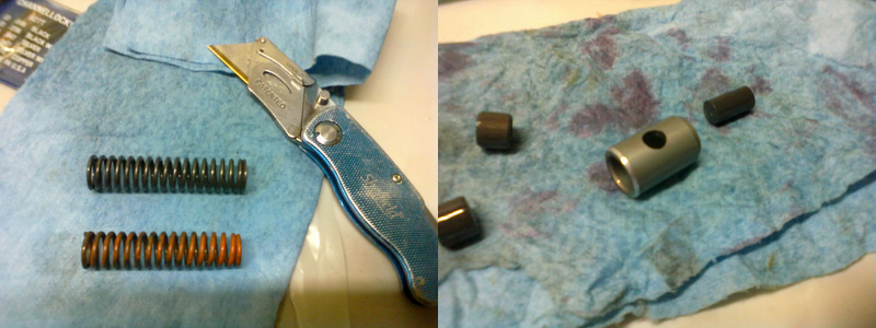 LEFT: As part of the shift kit being installed in this unit, this orange spring replaces the stock one in the regulator valve. Doesn’t look too much different, does it? RIGHT: This bushing has a shiny edge on it because the kit calls for a chamfer to be ground into it. This is to help prevent the sharp edge from hanging up in the bore.